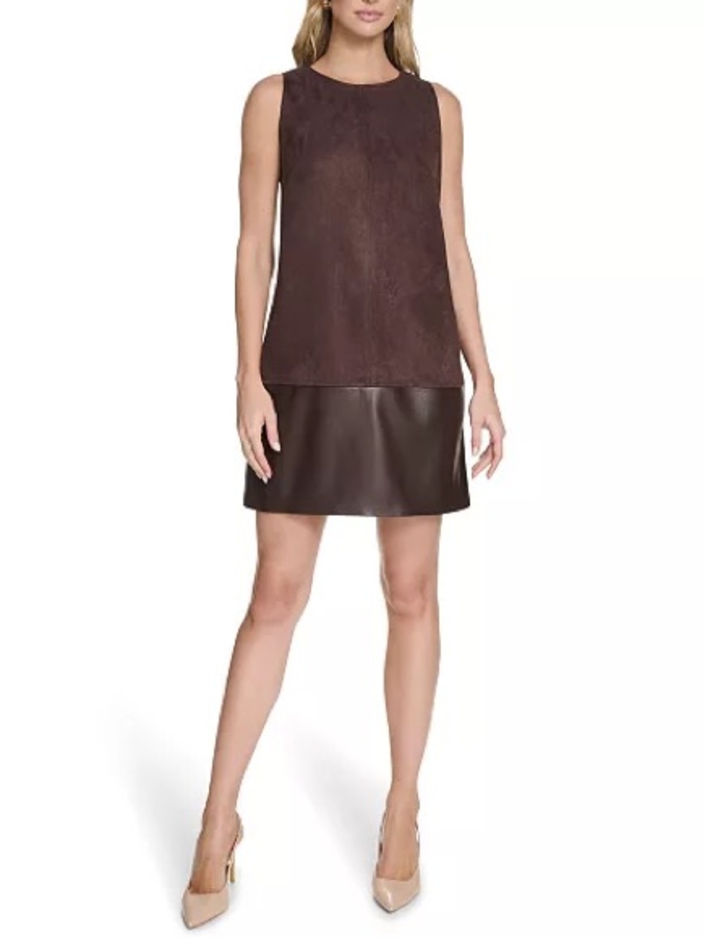 Calvin Klein Crewneck Two-Tone Brown Shift Short Dress, Size 2, NWT
